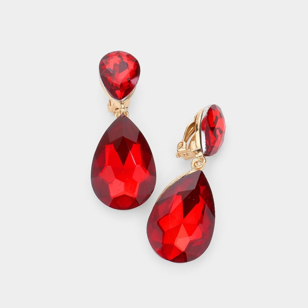 Red Dangle Crystal Clip On Earrings 2 Inches Double Tear Drop ClipOns Jewelry - Picture 3 of 3